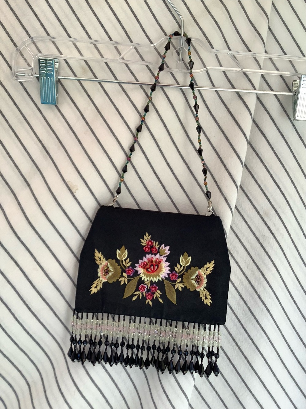 Black Floral Beaded Fringe Evening Bag
